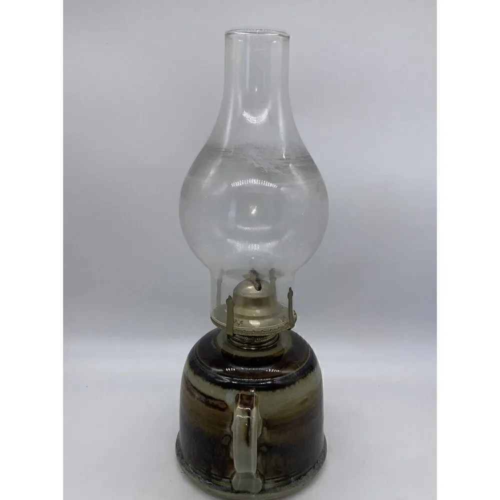 Vintage Greg Olson Signed California Handmade Stoneware Oil Lamp with Chimney